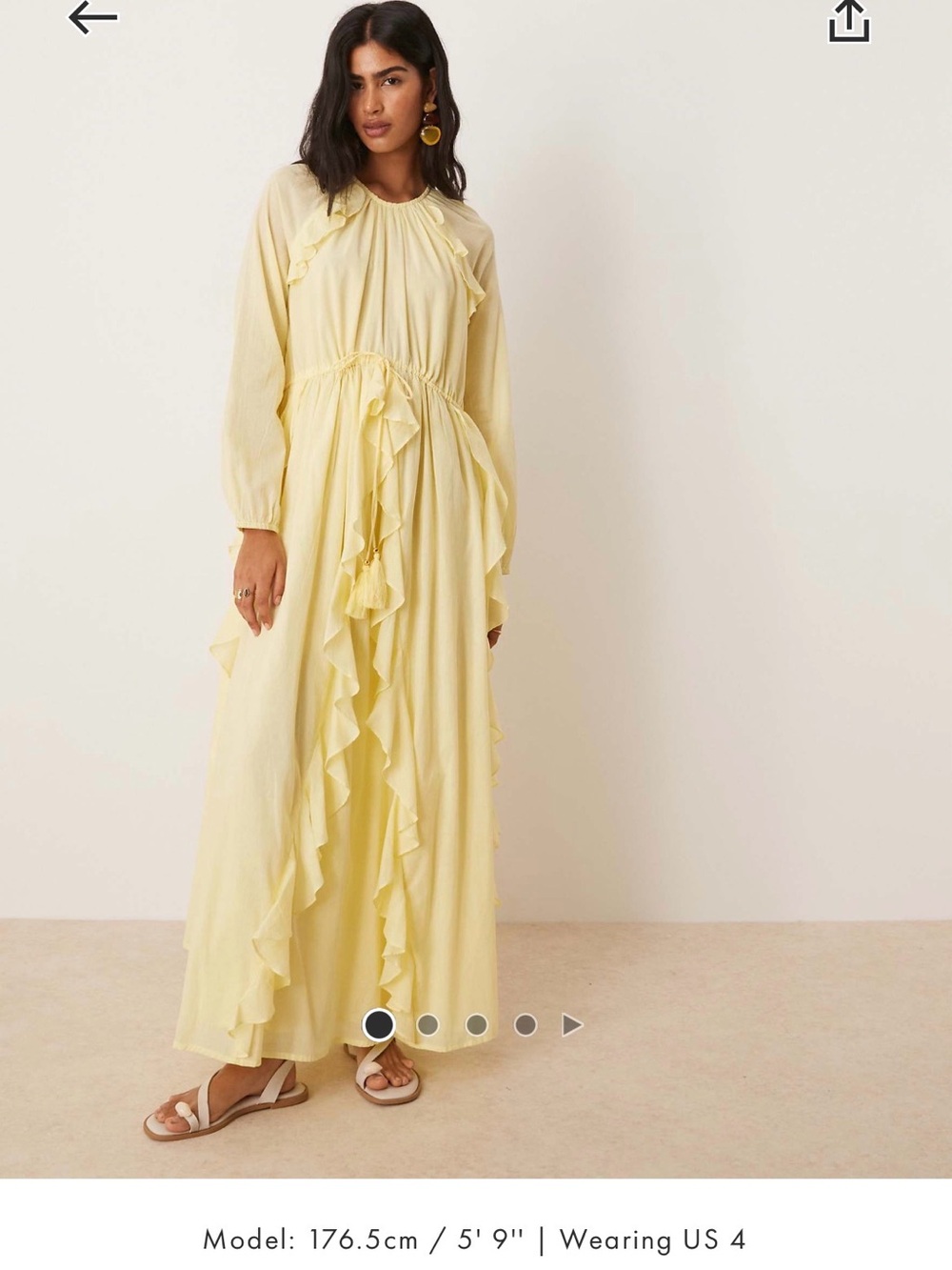 ASOS DESIGN Crew Neck Ruched Waist Ruffle Maxi dress